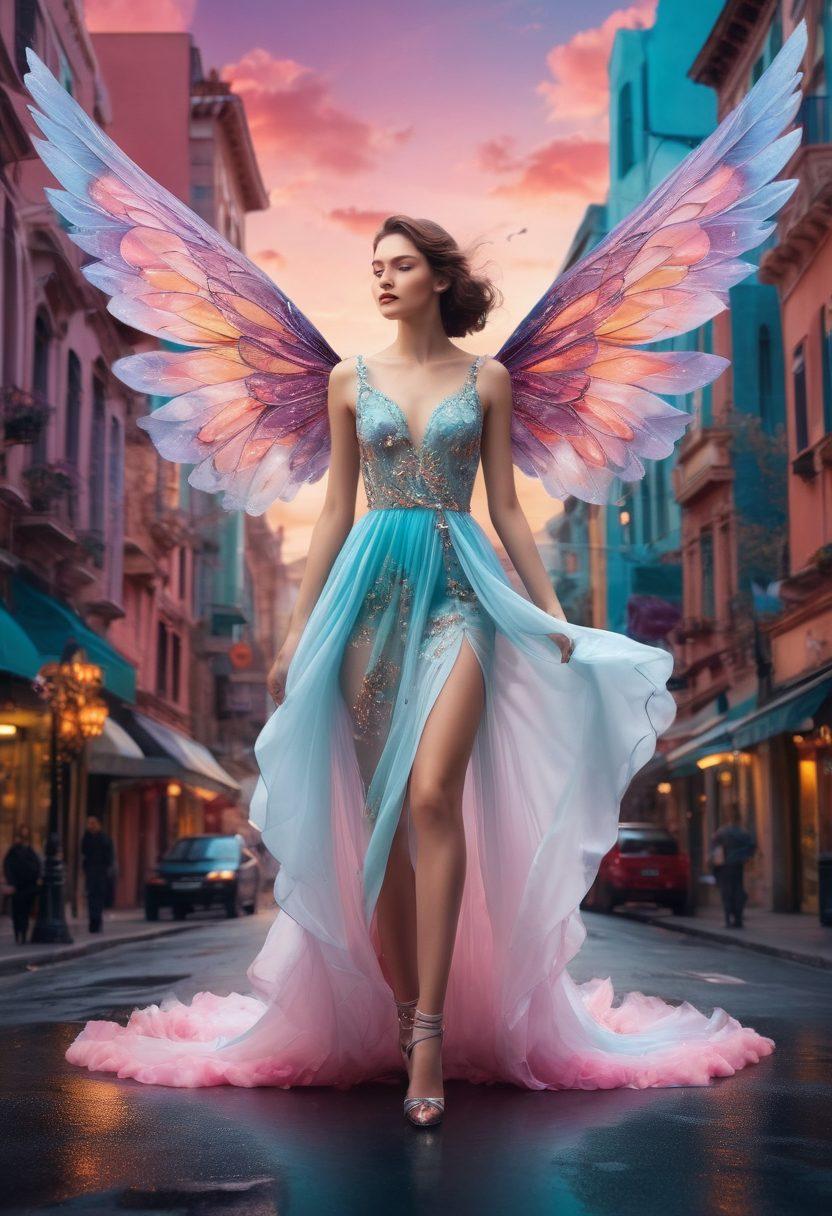 A whimsical blend of high-fashion elements with fantasy motifs, featuring a model draped in ethereal fabrics that flow like clouds. Incorporate magical accessories like shimmering wings and glowing jewels, set against a dreamy backdrop of swirling colors that evoke a sense of wonder. The atmosphere should feel enchanting, inviting viewers to explore the aesthetic beauty of this unique intersection. surreal art. vibrant colors. soft-focus background.
